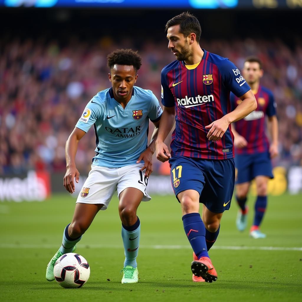 Lamine Yamal demonstrating exceptional ball control during a Barcelona match, reminiscent of a precision F1 setup.