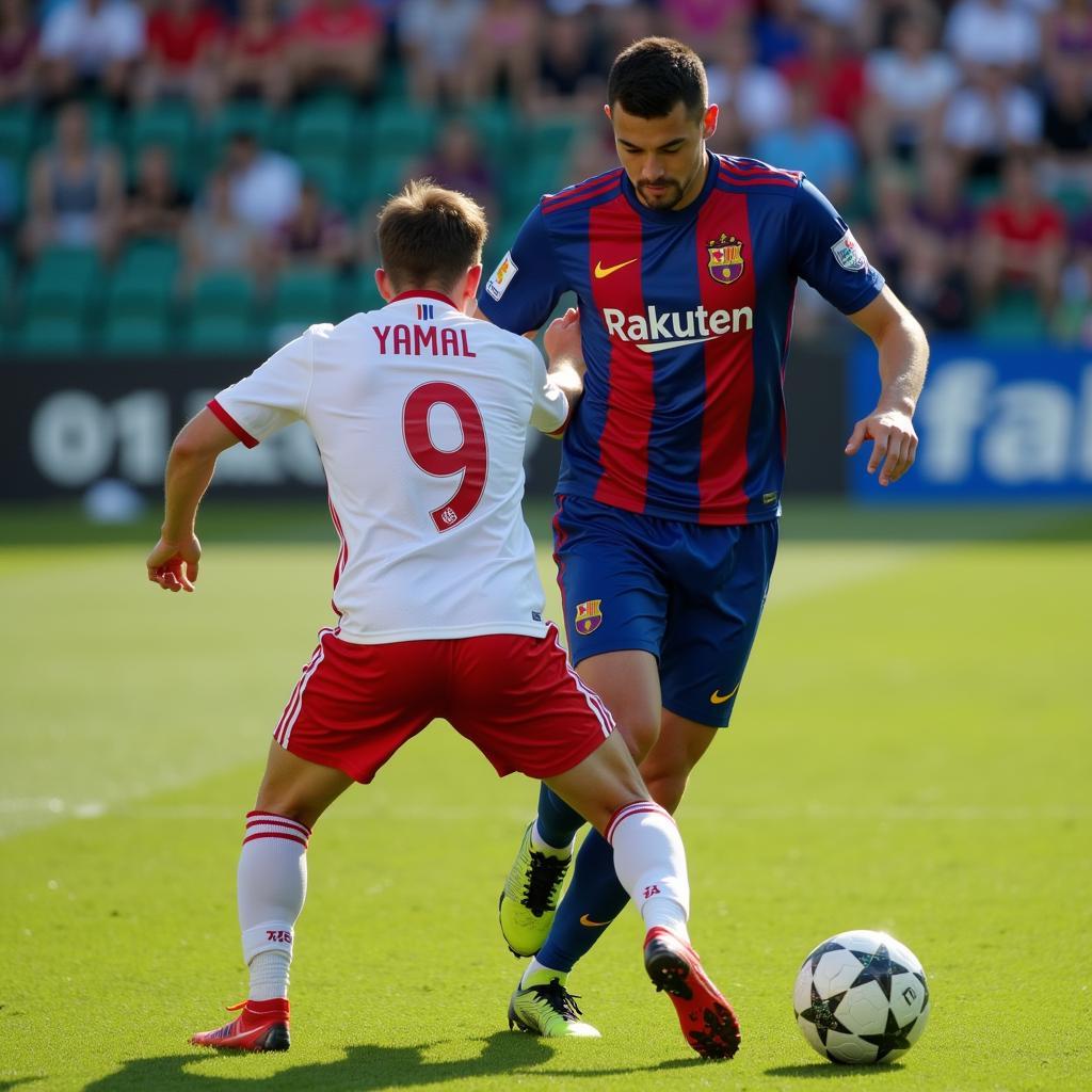 Yamal using his body to shield the ball from a defender.