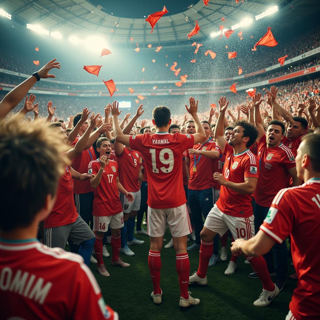 Yamal Celebrates with Fans After a Match, Possibly Receiving a Bra Shower