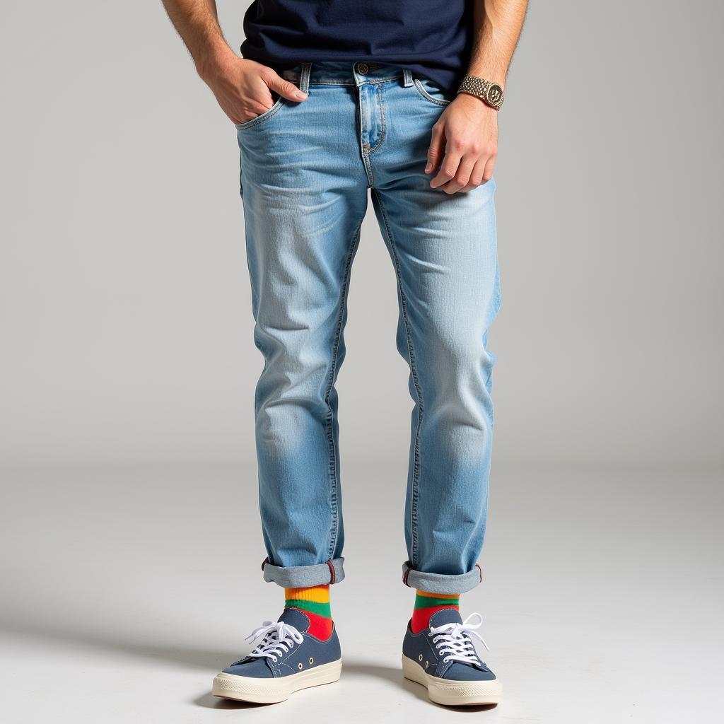 Yamal in a relaxed outfit featuring jeans and colorful socks