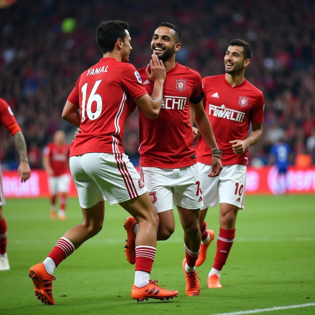 Yamal celebrating a goal with teammates