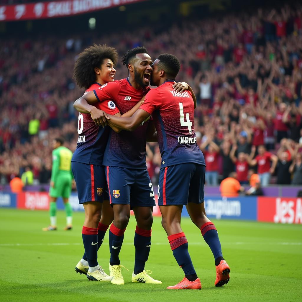 Lamine Yamal celebrating a goal with his teammates