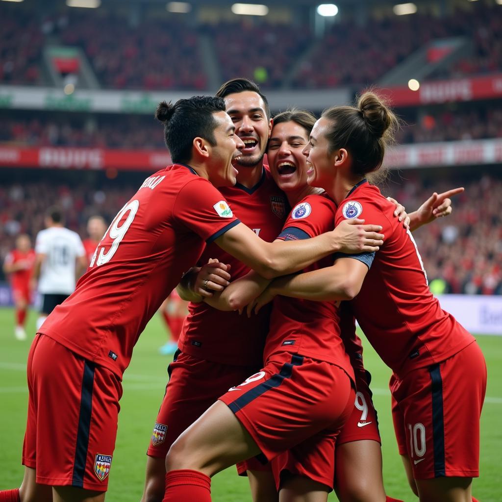 Yamal celebrates a goal with his teammates, showcasing the joy and camaraderie of the sport.