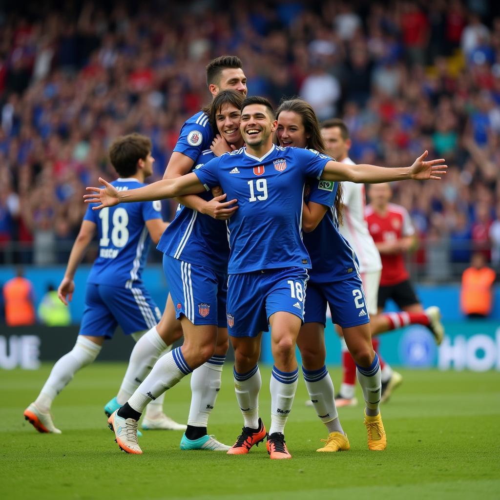 Lamine Yamal celebrating a goal with his teammates, his face beaming with joy and pride