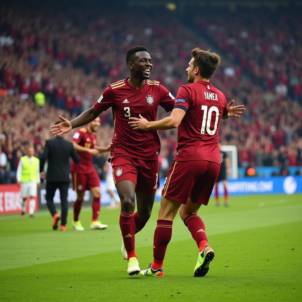 Lamine Yamal celebrating a goal with his teammates.