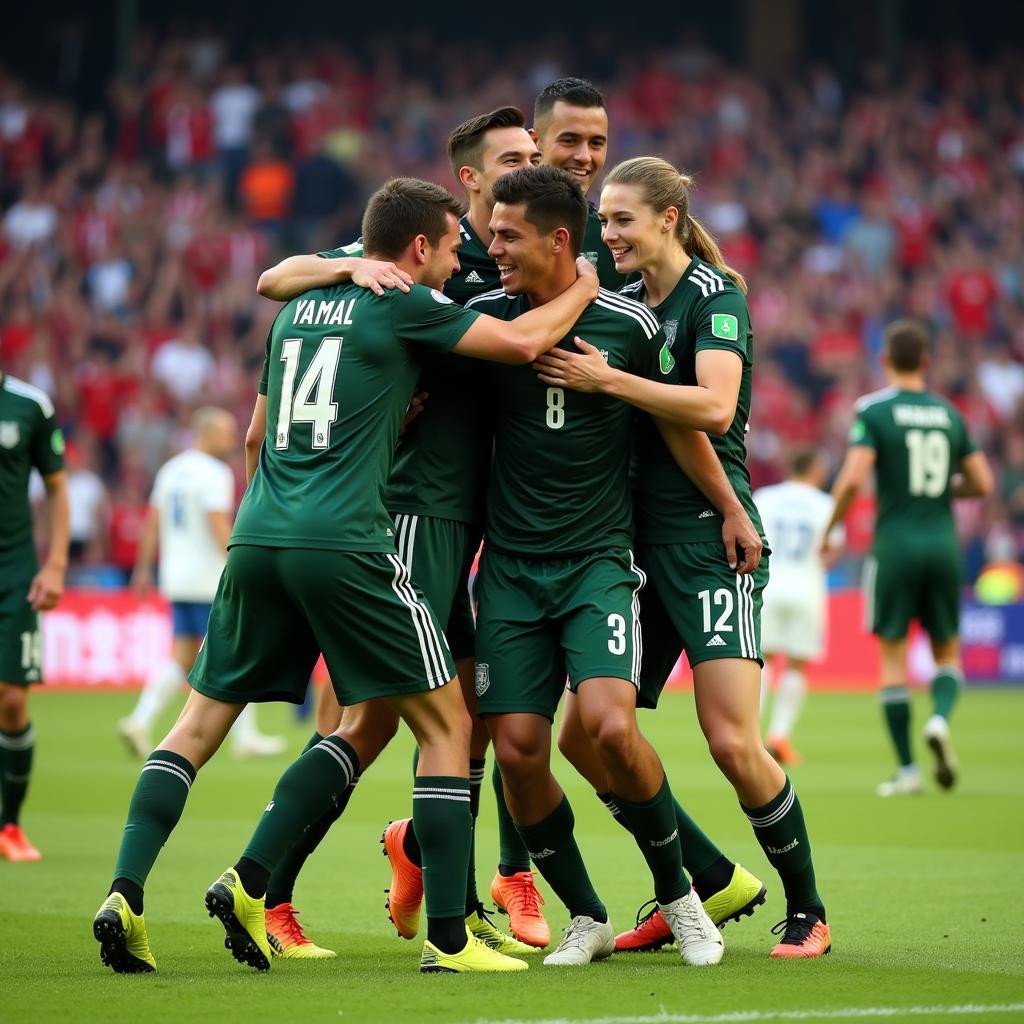 Yamal celebrating a goal with his teammates, expressing pure joy and accomplishment