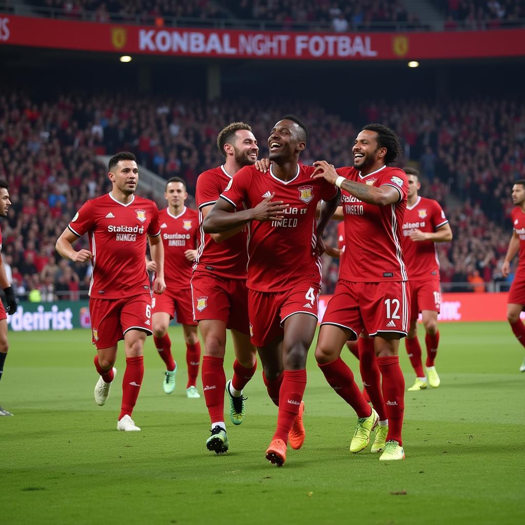 Lamine Yamal celebrates a spectacular goal with his teammates, highlighting his contribution to the team's success.