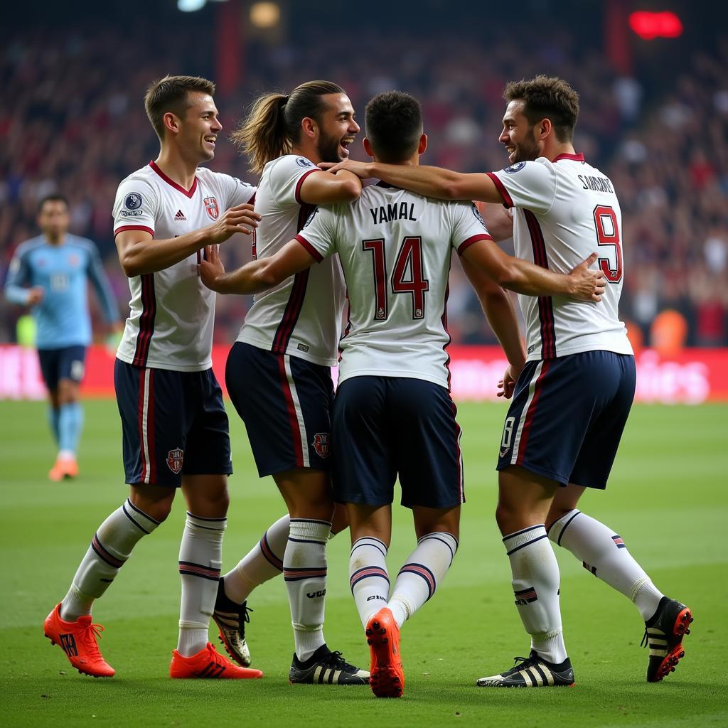 Yamal celebrating a goal with his teammates, showcasing the joy and camaraderie of the sport