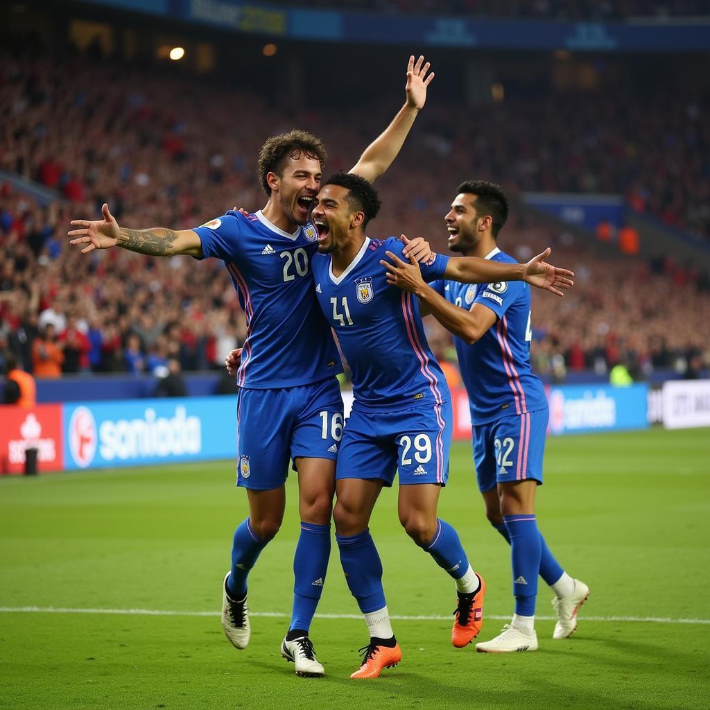 Yamal celebrates a goal on the soccer field with his teammates, showcasing his passion and joy for the game.