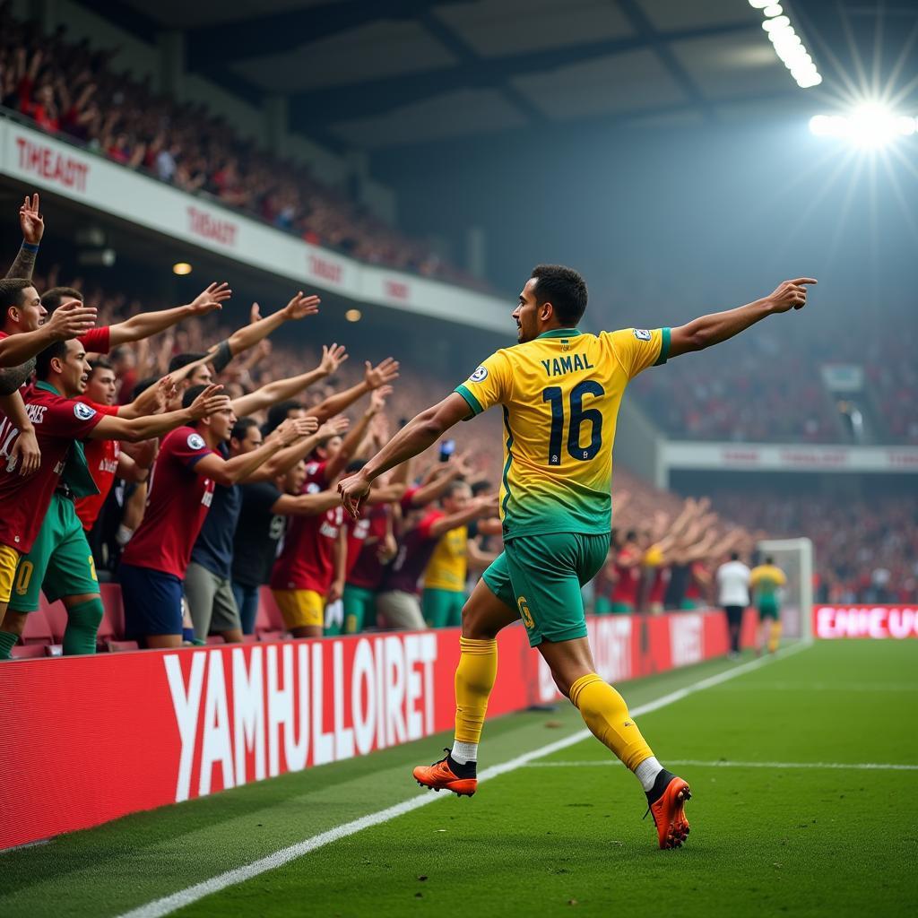 Yamal celebrating a goal with his fans