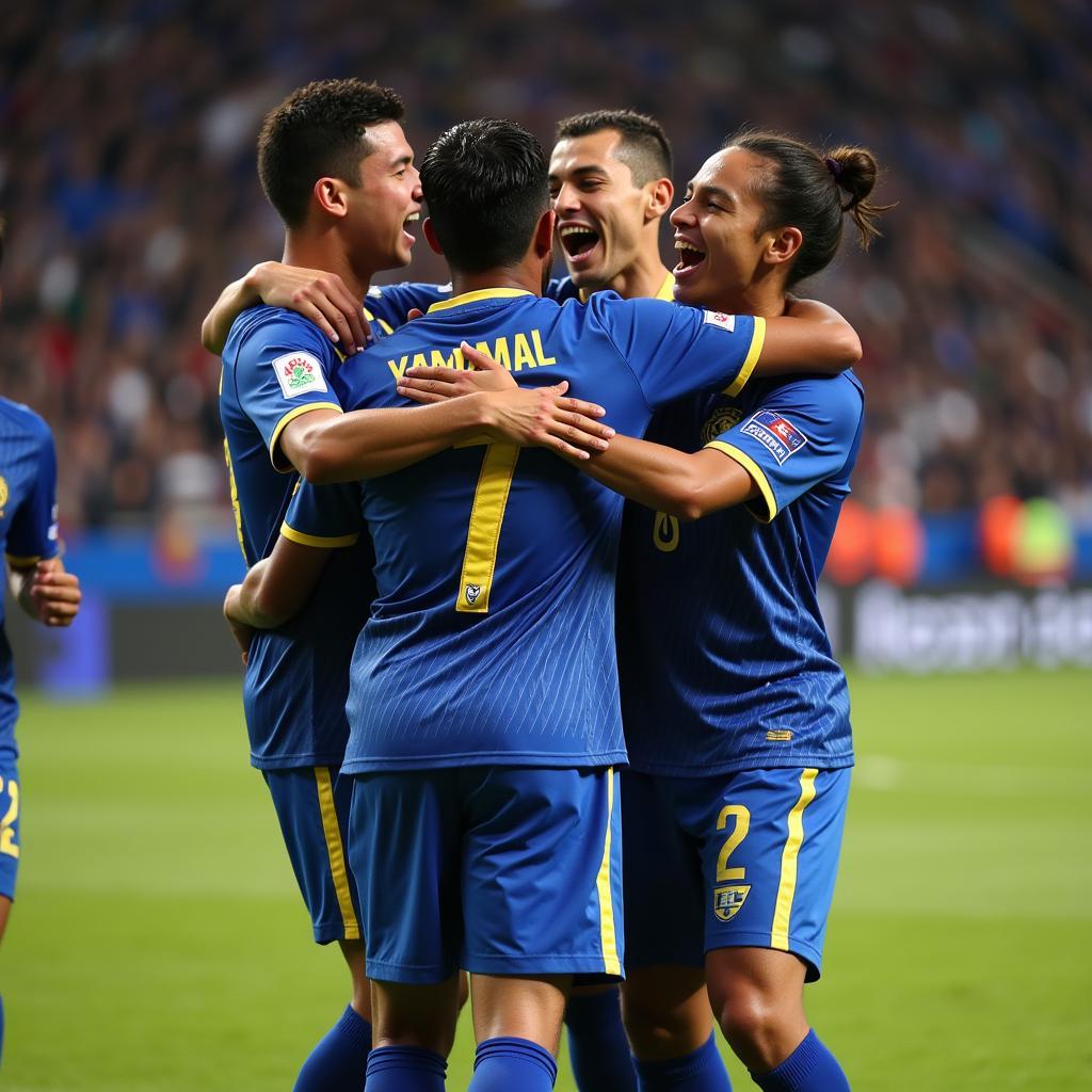 Yamal celebrating a victorious goal with his teammates, showcasing team spirit and camaraderie.