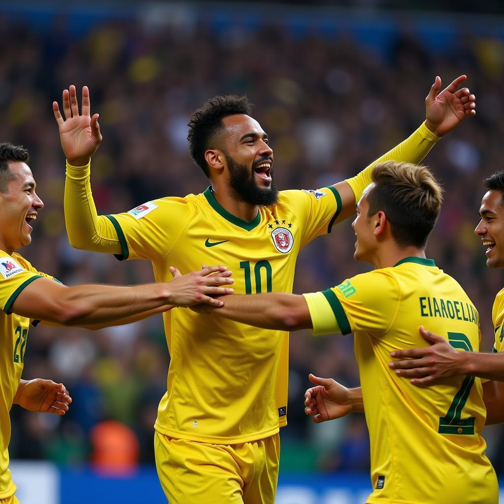 Lamine Yamal celebrating a goal with his teammates, highlighting his leadership and team spirit.