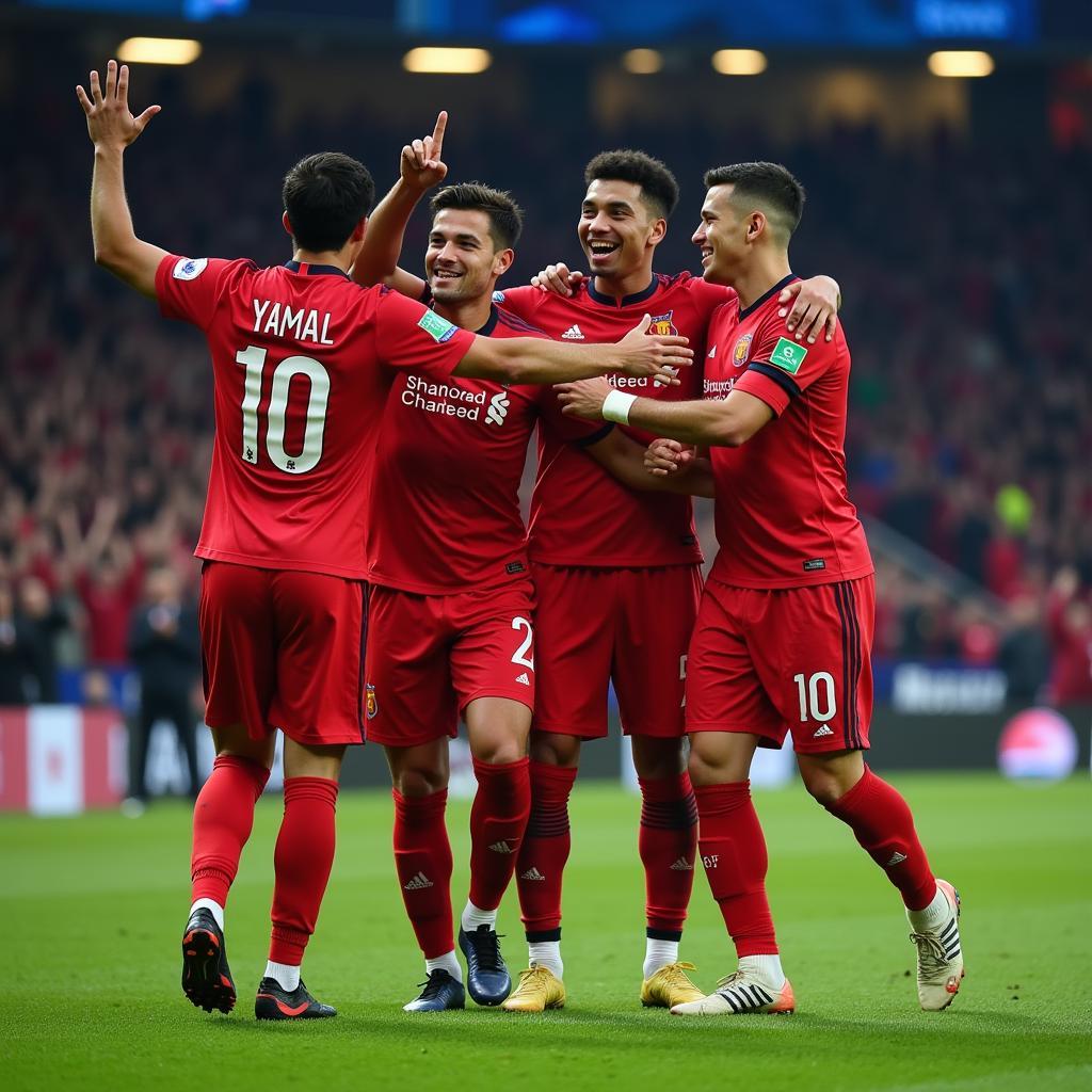 Lamine Yamal celebrates scoring a crucial goal with his teammates.