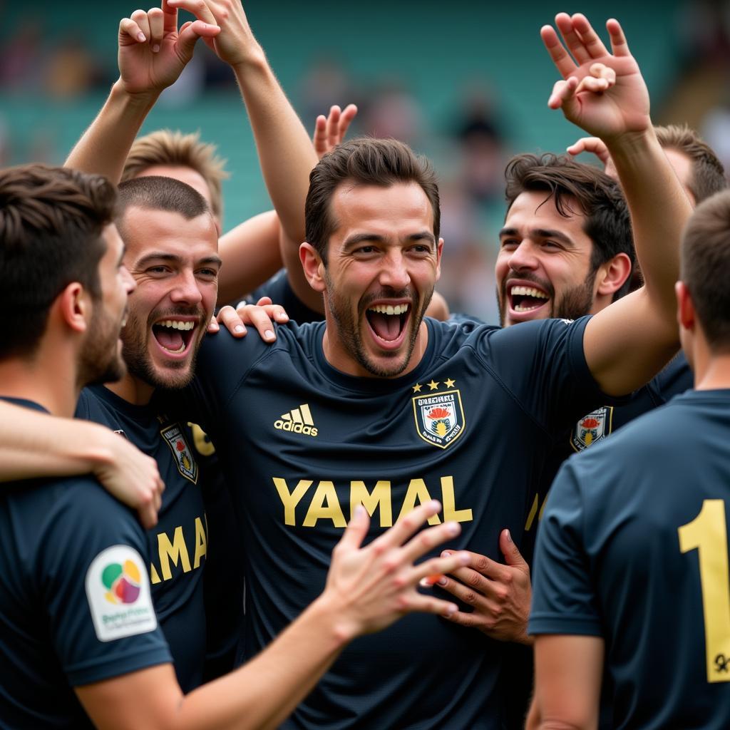 Yamal celebrating a goal with his teammates after a stunning victory.