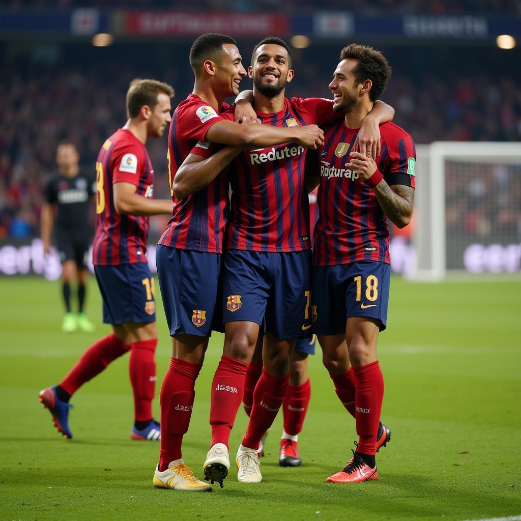 Yamal celebrating a goal with his teammates, showing team spirit and camaraderie