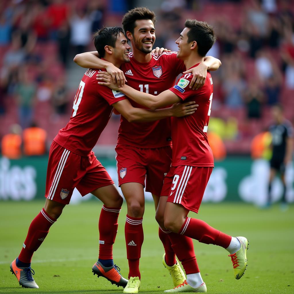 Yamal celebrating a goal with his teammates, demonstrating team spirit and camaraderie