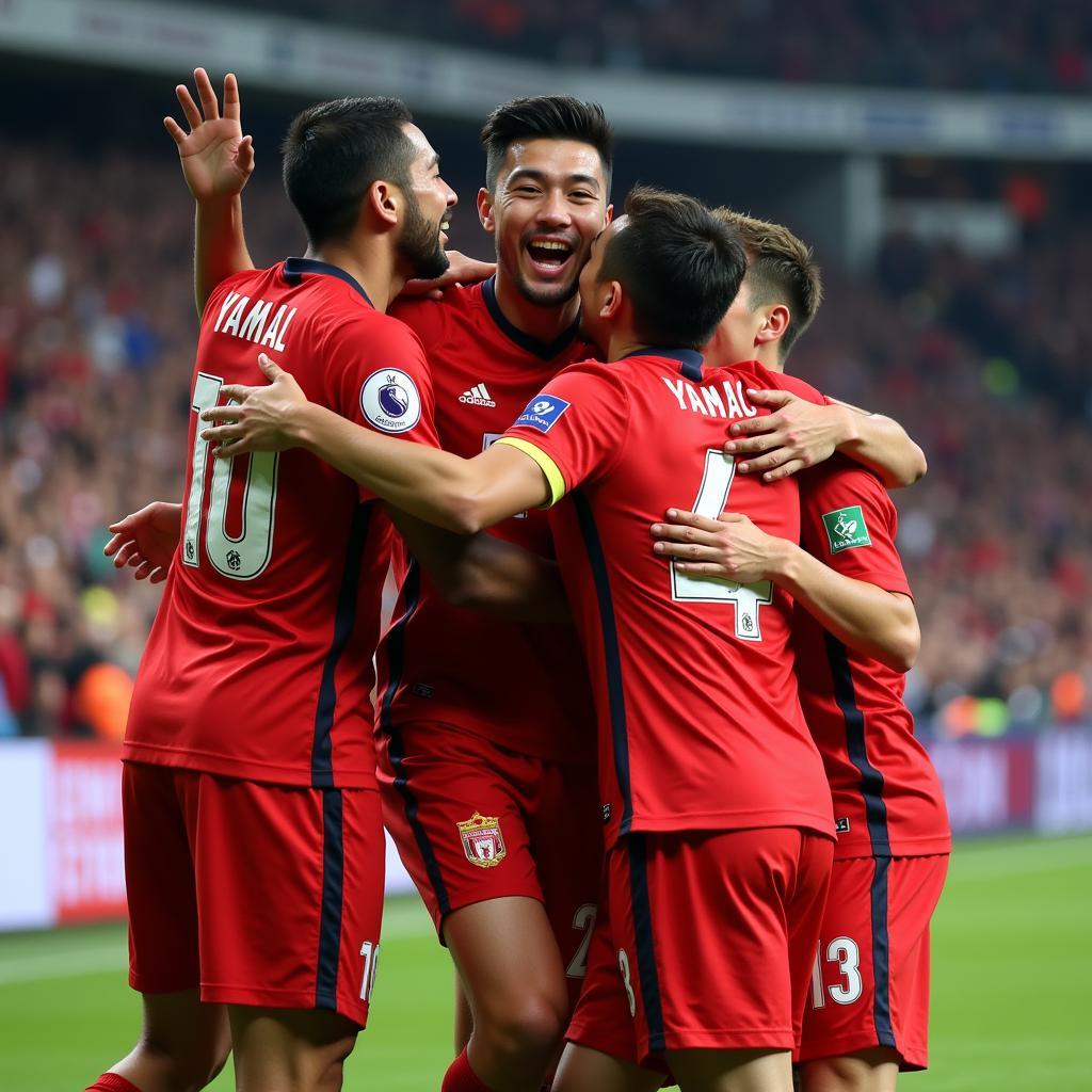 Yamal celebrating a crucial away goal with his teammates, highlighting the positive impact on team morale and unity.