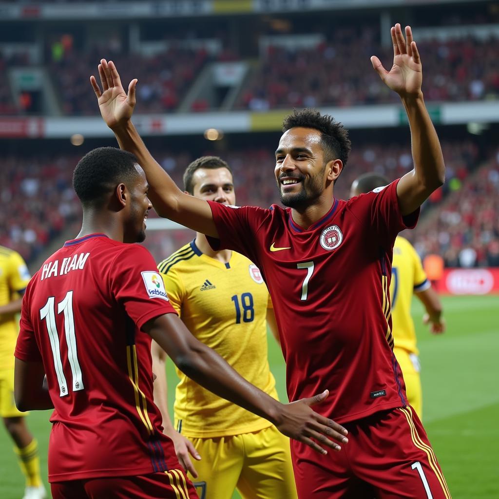 Lamine Yamal celebrating a goal with his teammates.