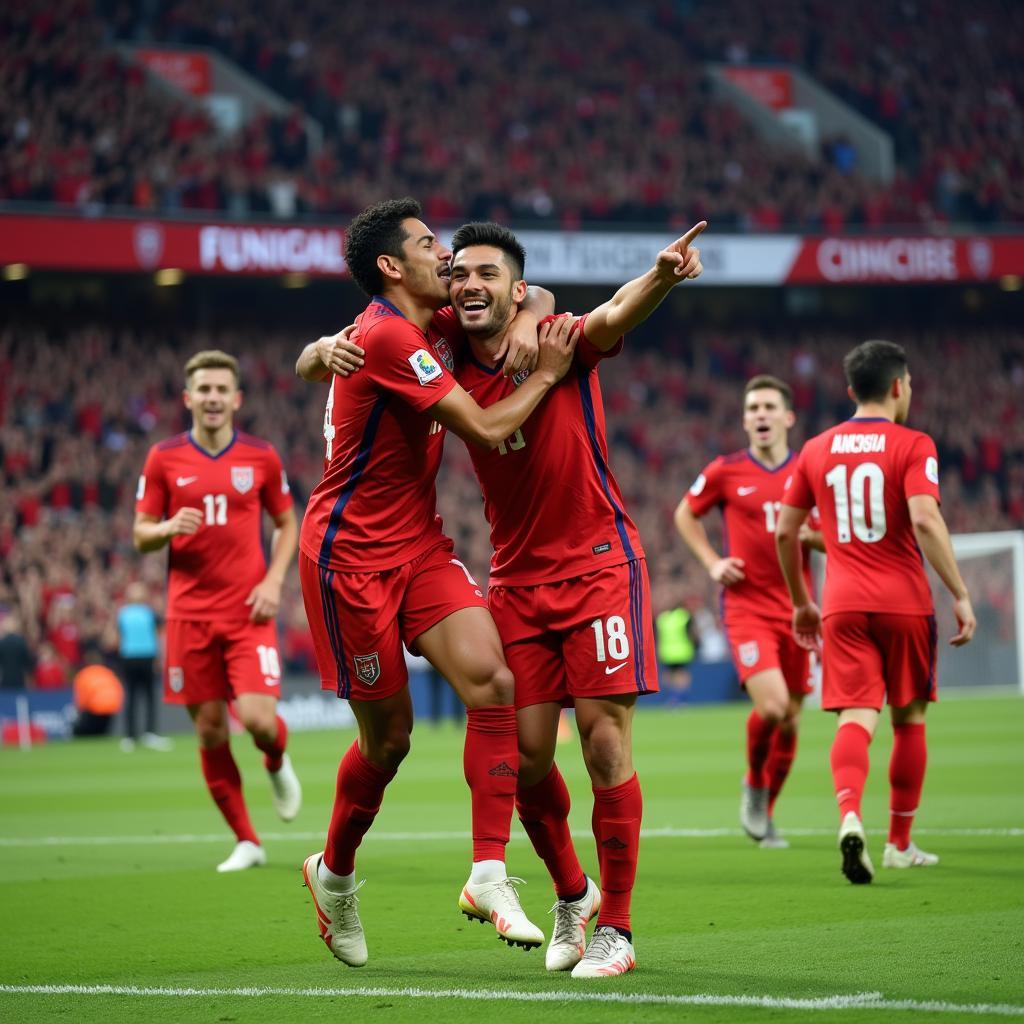 Yamal celebrating a crucial goal with teammates