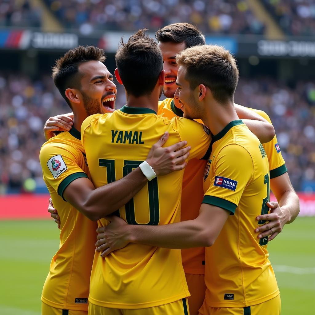 Lamine Yamal celebrates a crucial goal with his teammates, demonstrating team spirit and leadership