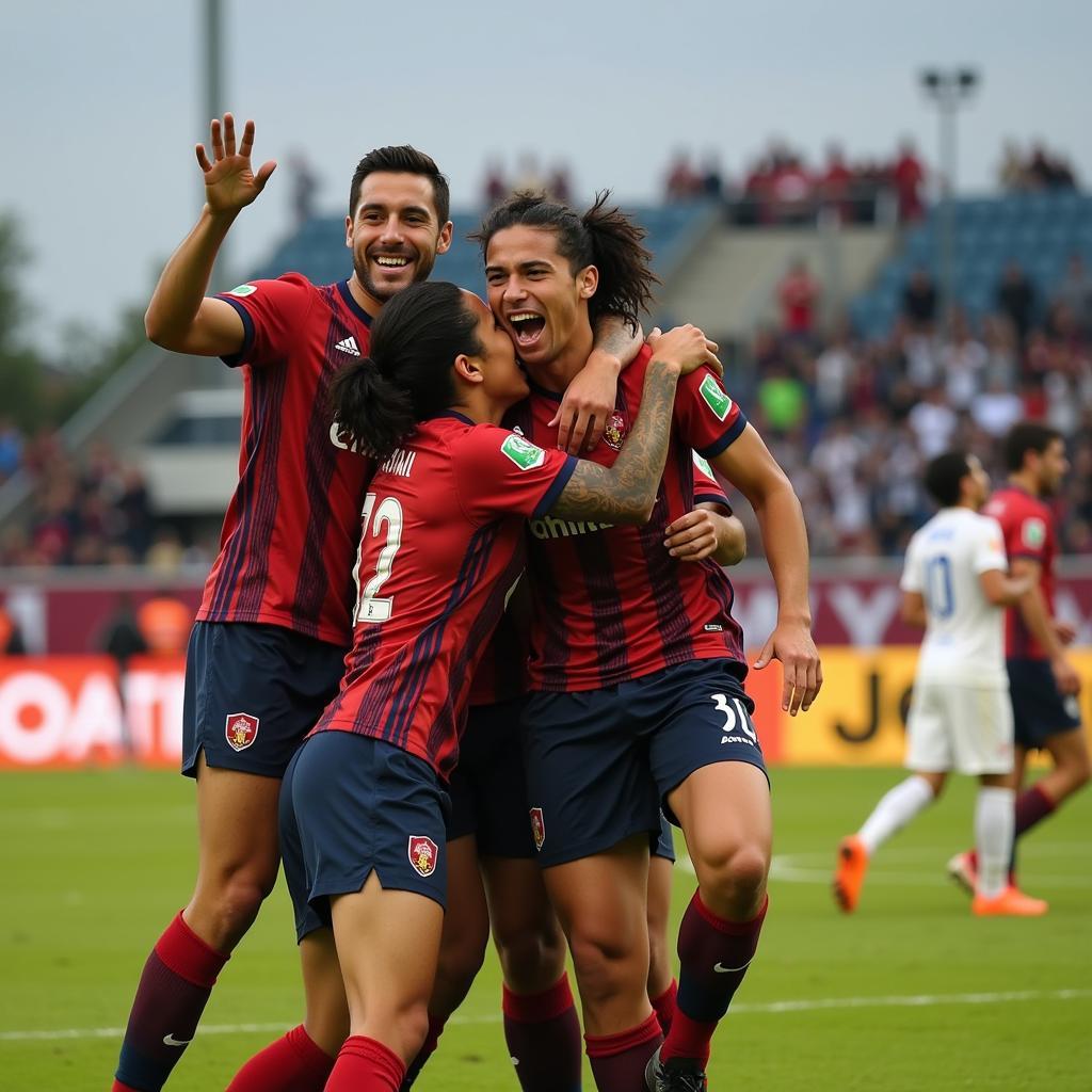 Yamal celebrating a goal with his teammates, showcasing the team spirit and camaraderie.