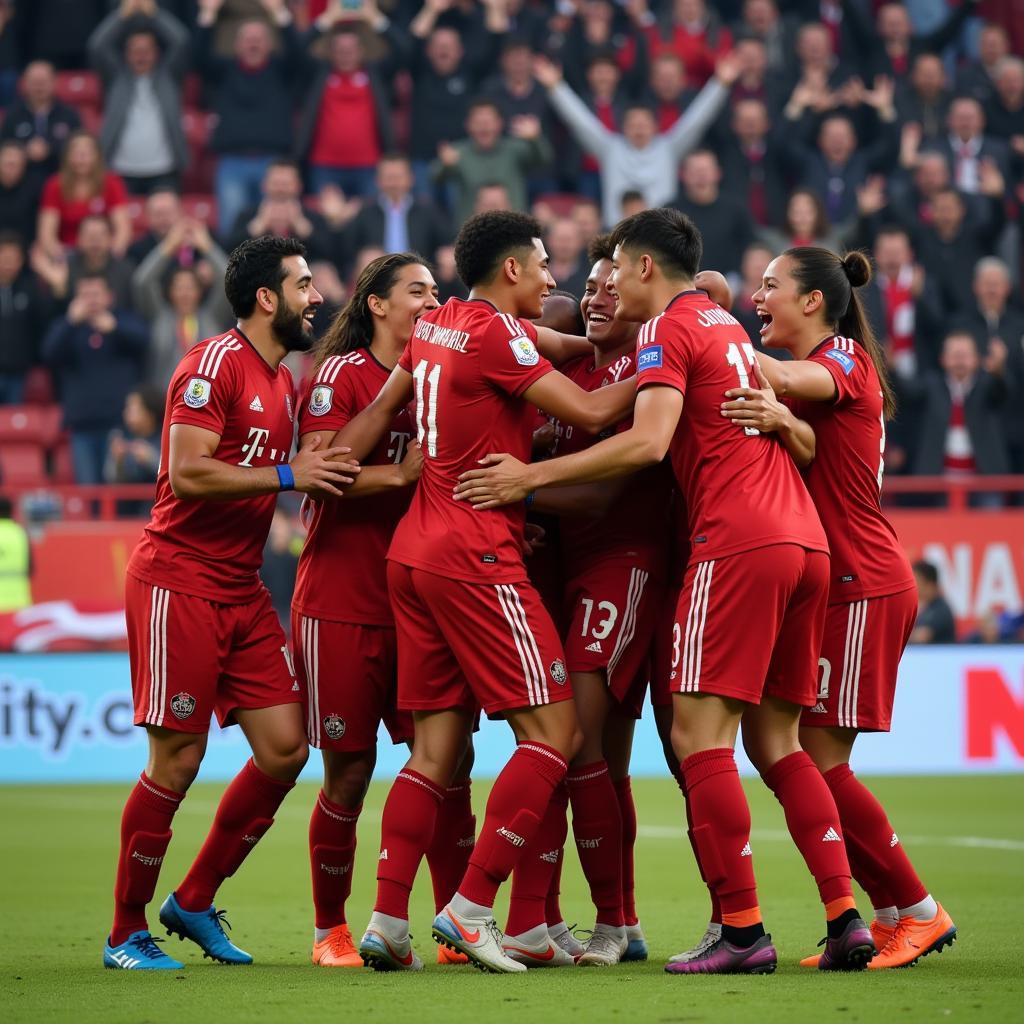 Yamal celebrating a crucial goal with teammates