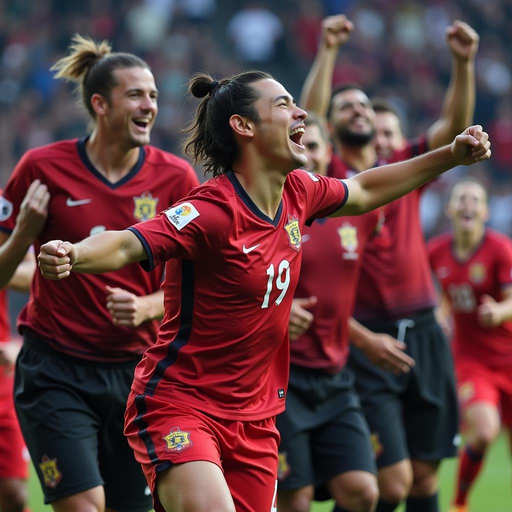 Yamal celebrating a crucial goal with teammates, showcasing his passion and dedication