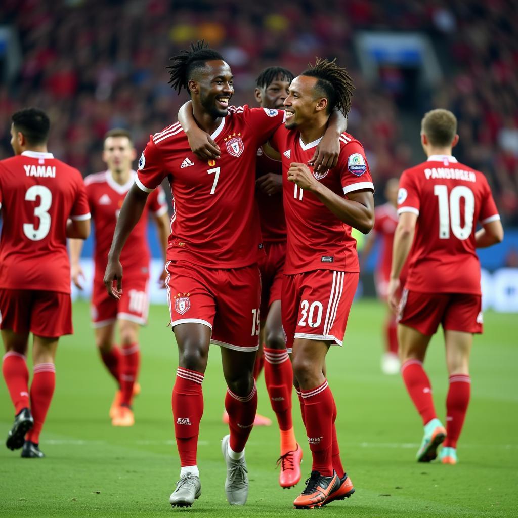 Lamine Yamal celebrating a goal with his teammates