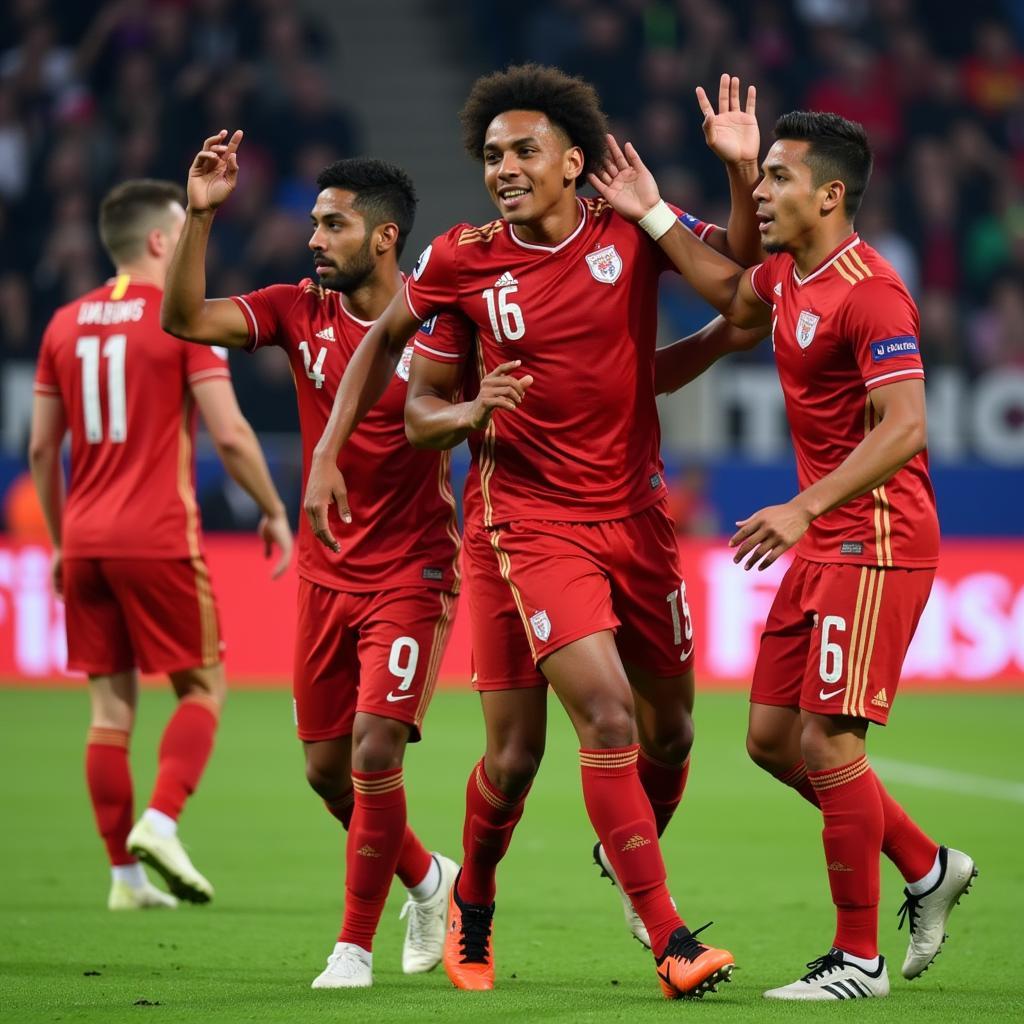 Yamal celebrating a goal with his teammates