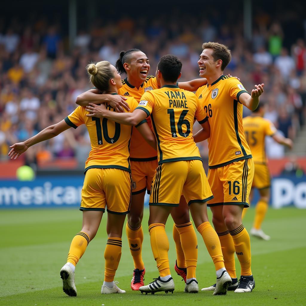 Yamal celebrating a crucial goal with his teammates