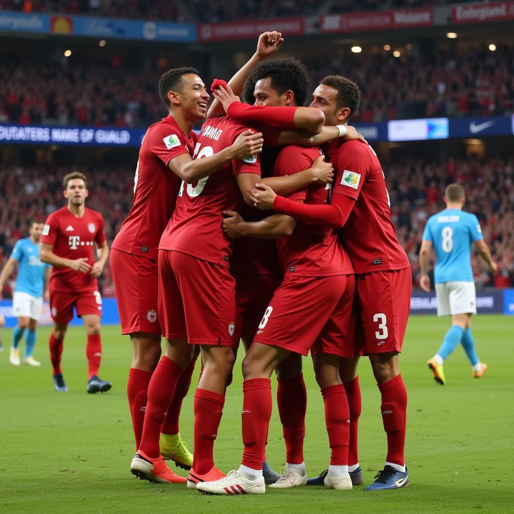 Lamine Yamal celebrating a goal with his teammates.