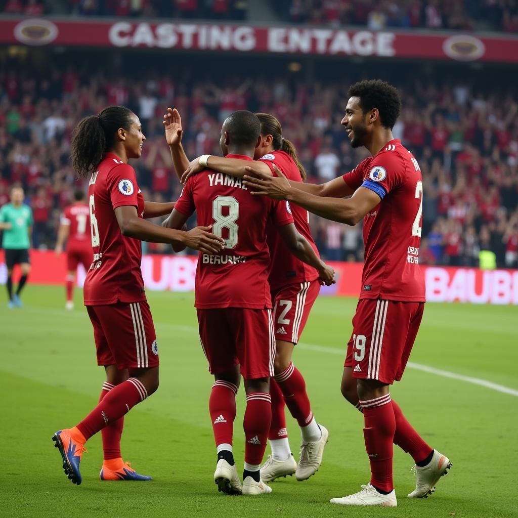 Lamine Yamal celebrating a goal with his teammates, showcasing his leadership and team spirit.