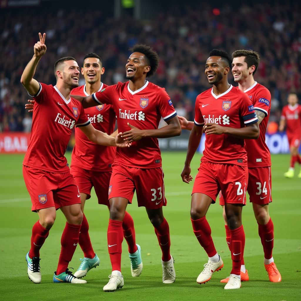 Lamine Yamal celebrates scoring a decisive goal with his teammates