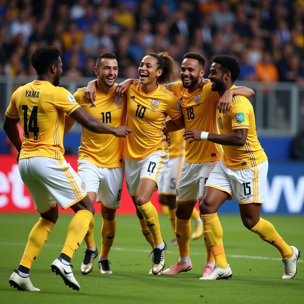 Yamal celebrating a goal with teammates