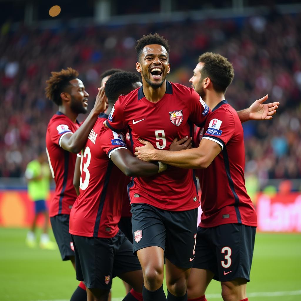 Yamal celebrating a goal with teammates