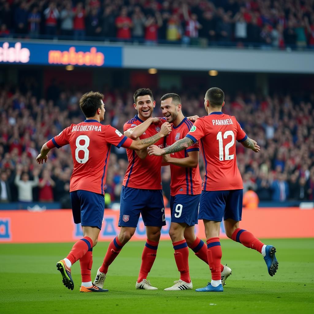 Yamal celebrating a crucial goal with his teammates