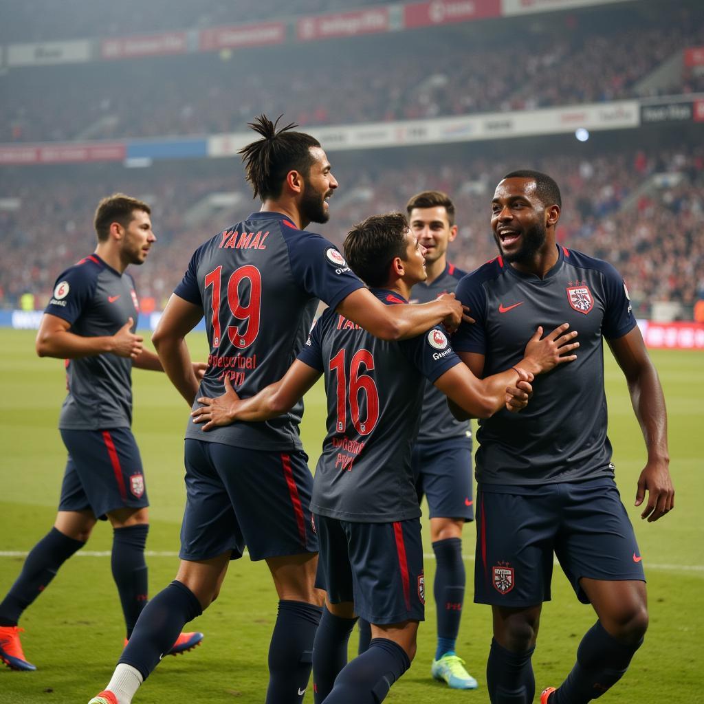 Lamine Yamal celebrating a goal, demonstrating his growing influence and dominance on the football pitch, similar to the impact of the c5 tank on the battlefield.