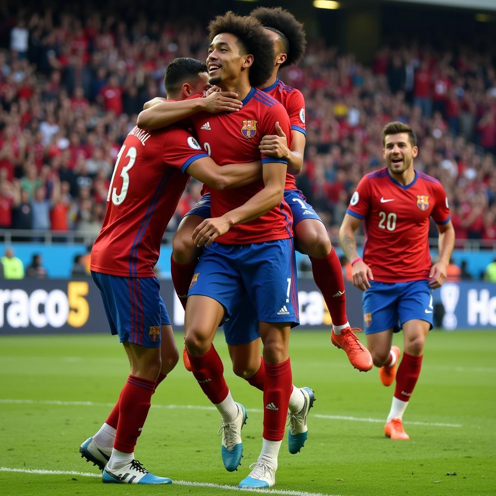 Lamine Yamal celebrating a crucial goal with his teammates, showcasing the joy and passion he brings to the game.