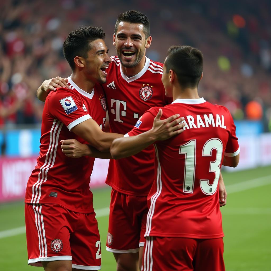 Yamal celebrating a crucial goal with teammates