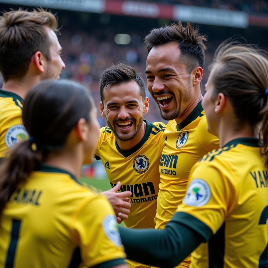 Yamal celebrating a spectacular goal with teammates