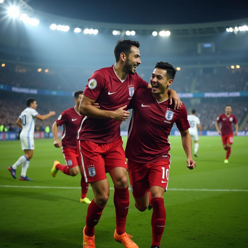 Yamal passionately celebrating a crucial goal, arms outstretched in triumph, a wide smile illuminating his face.