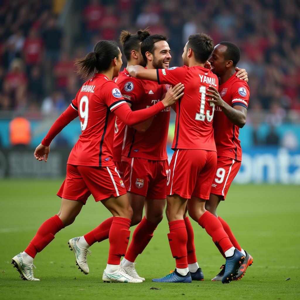 Yamal celebrating a goal with his teammates