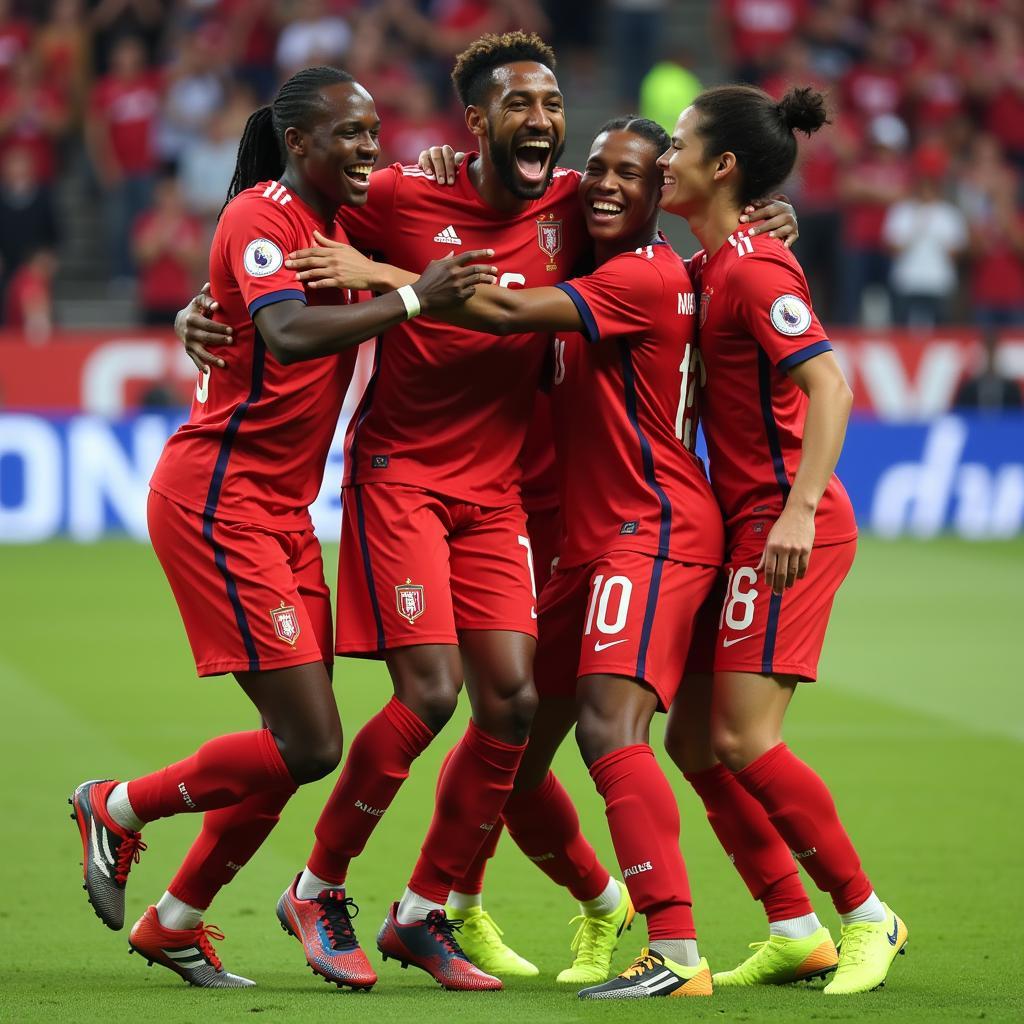 Lamine Yamal celebrating a goal with his teammates, highlighting the team spirit and joy of the game.