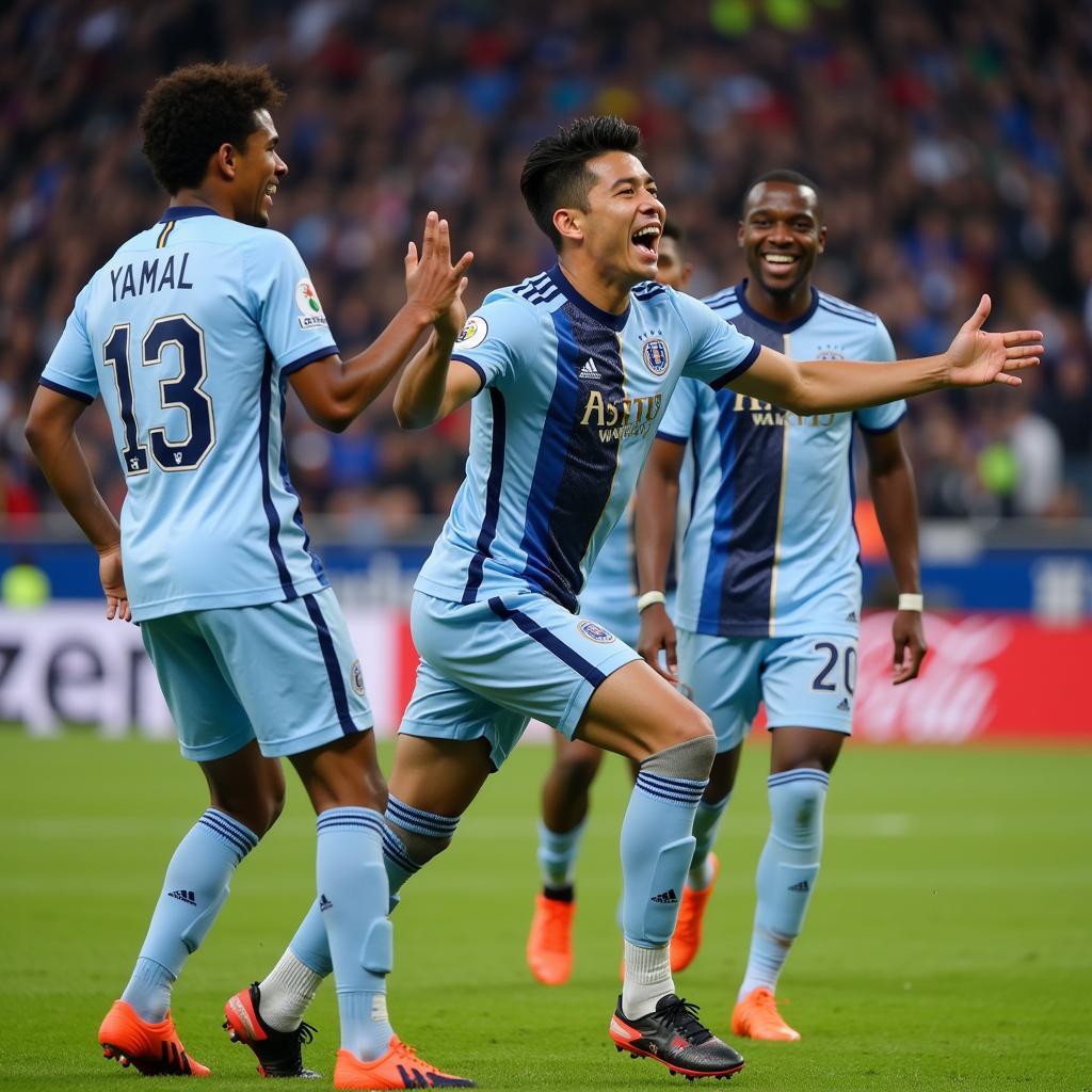 Yamal celebrating a goal with teammates