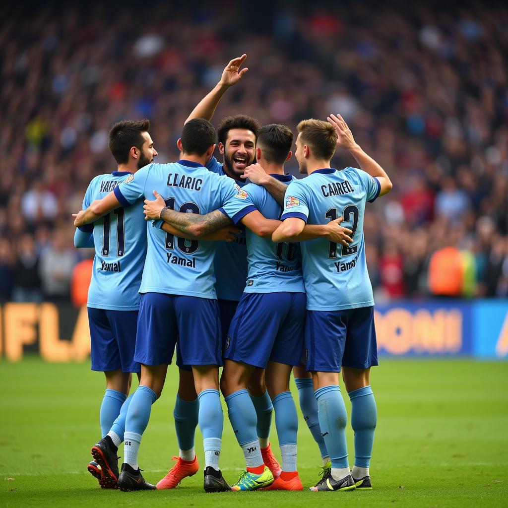 Yamal celebrating a goal with his teammates