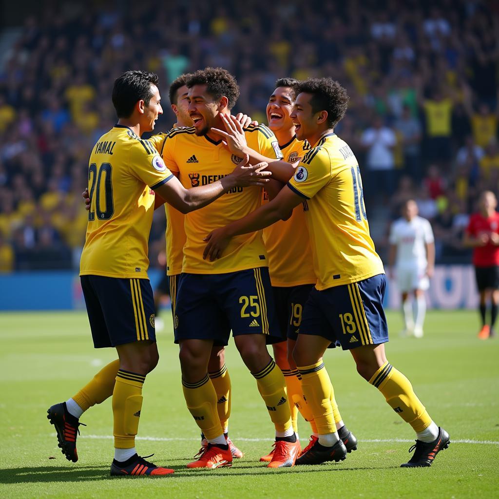 Yamal celebrates a crucial goal with his teammates