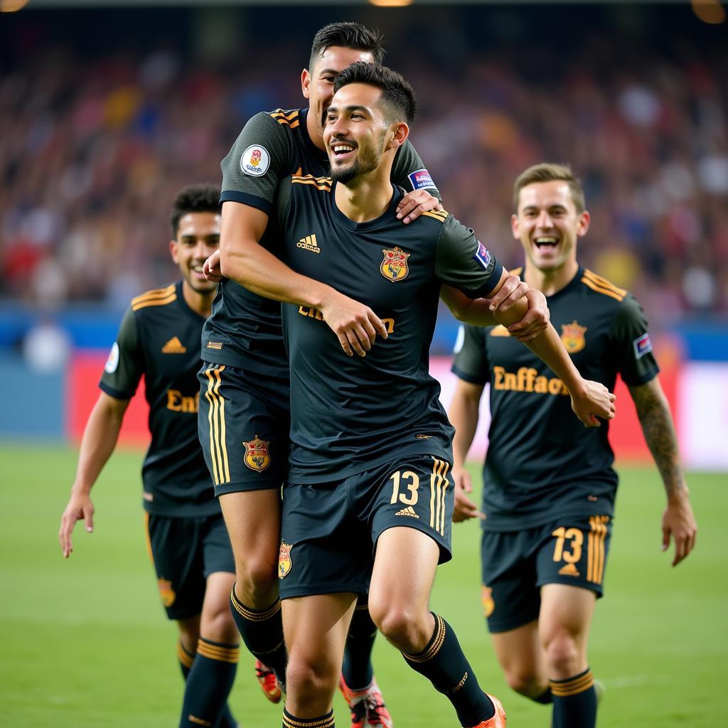 Yamal celebrating a spectacular goal with his teammates, showcasing his passion and the joy of the game.