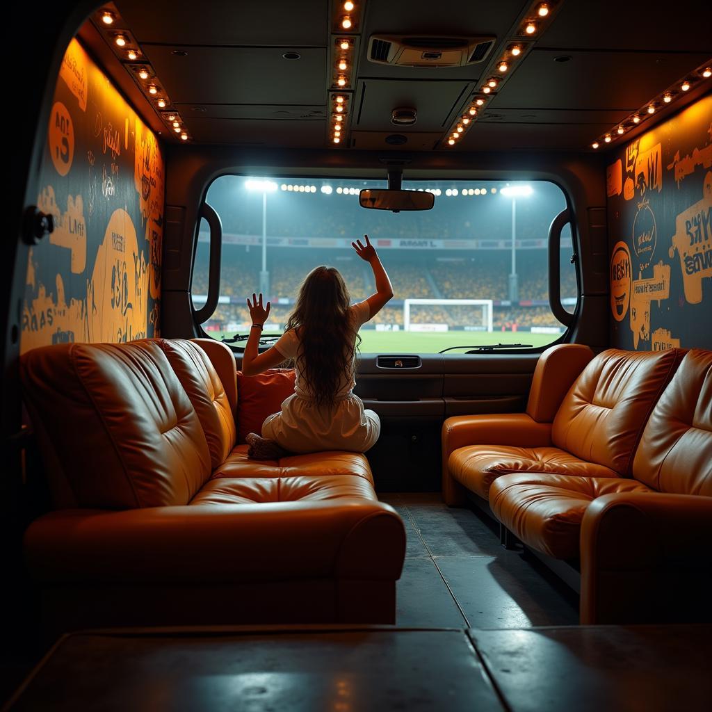 Lamine Yamal celebrates a goal as seen from an auto sofa