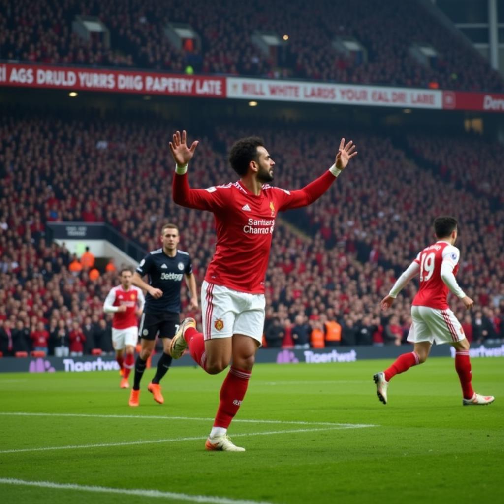 Yamal celebrating a goal in a packed Premier League stadium.