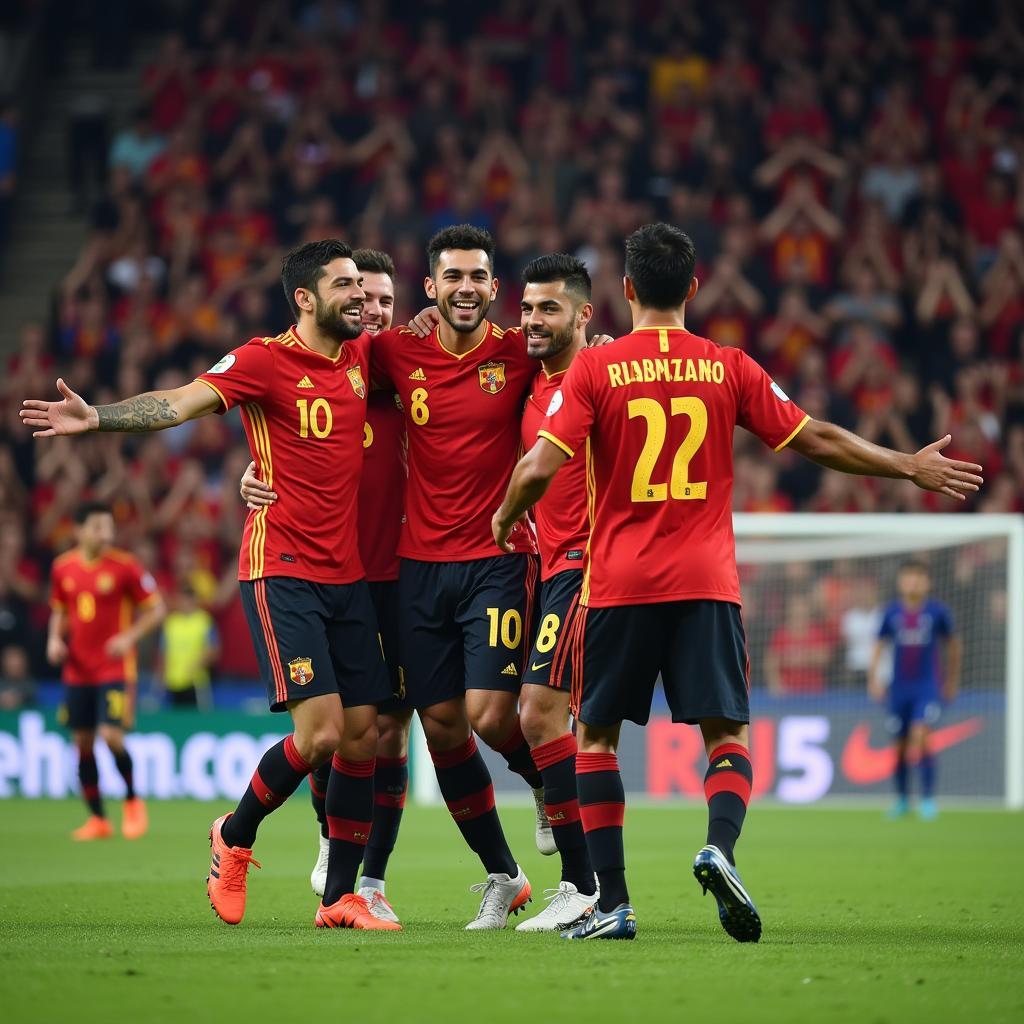 Yamal celebrates scoring a crucial goal while wearing the Spain national jersey.